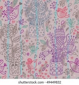 Desenho animado padrão sem emenda com flores em vasos e pássaros bonitos