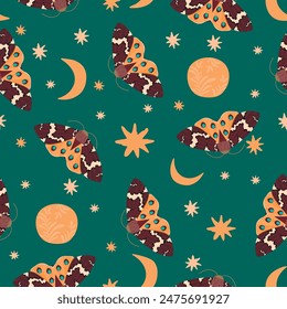 Cartoon seamless pattern with flying moth ,stars and moon.Magic insects with floral ornament.Night background with mystic symbol,witchcraft,occult sign.Hand drawn vector design for printing on fabric.