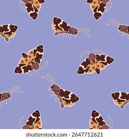 Cartoon seamless pattern with flying wild moth. Colorful insect with floral ornament. Orange, brown, blue colors on lilac background. Vector design for printing on fabric and paper, textile, wallpaper