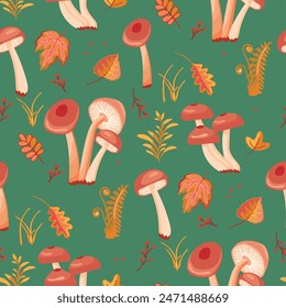 Cartoon seamless pattern with forest fungus and foliage.Autumn seasonal background with woodland boletus,fall,twig.Set of honey mushrooms with caps and stems.Vector design for printing on fabric.