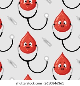 Patrón de dibujos animados sin fisuras con gota de sangre divertida, estetoscopio y termómetro en estilo kawaii sobre fondo claro. Motivo médico divertido para niños, textiles, proyectos educativos.