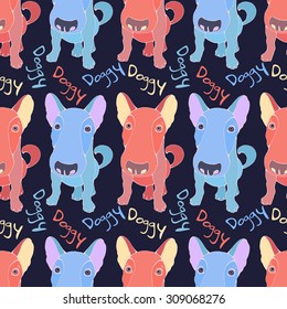 Cartoon seamless pattern with funny blue and pink dogs on dark blue background.