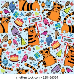 Cartoon seamless pattern with funny cats and colored birds