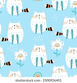 Cartoon seamless pattern with funny cats and flowers. Childish blue texture for fabric, textile, apparel, wallpaper. Vector illustration