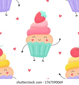 Cartoon seamless pattern of funny cupcakes, muffins with strawberries and cherries. Vector colorful print for packaging, fabric, wallpaper, textile.