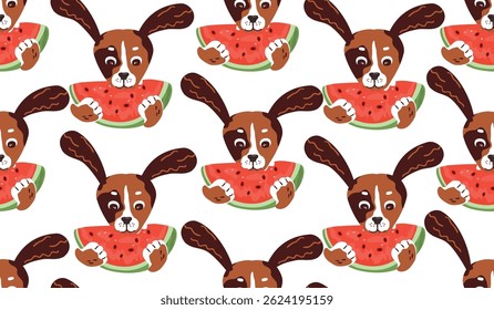 Cartoon seamless pattern with funny doggy and watermellon slice. Funny animal character eats juicy fruit. Red, brown and green colors on white. Vector design.                                 