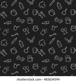 Cartoon seamless pattern with funny doodles kitchenware. Hand drawn objects and symbols. Vector illustration for backgrounds, web design, design elements, textile prints, covers, greeting cards.