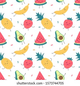 Cartoon seamless pattern of funny fruits, banana, watermelon, pineapple, avocado, strawberries. Vector colorful print for packaging, fabric, wallpaper, textile.