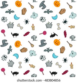 Cartoon seamless pattern funny halloween doodles. Hand drawn objects and symbols. Vector illustration for backgrounds, web design, design elements, textile prints, covers, greeting cards.