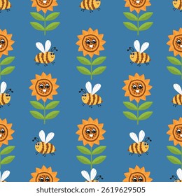 Cartoon seamless pattern with funny honey bee and sunflowers. Cute flying animals characters in yellow, green and brown colors on a blue background. Vector design for textile, wallpaper, cover.