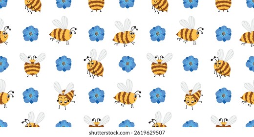 Cartoon seamless pattern with funny honey bee and blue blossoms. Cute animal characters in yellow with brown stripes, wings, antennae, eyes, paws. White background. Vector design for textile, cover.