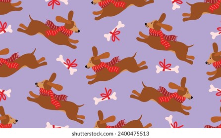 Cartoon seamless pattern with funny running dachshund.Animal print with cute pet in warm scarf and bone with bow.Nursery room decor for kids,wrapping paper,cover,fabric.Vector hand drawn illustration.