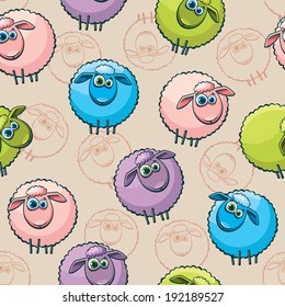 Cartoon seamless pattern with funny sheep. Vector wallpaper.