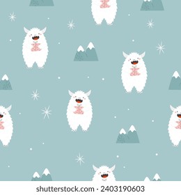 Cartoon seamless pattern with funny yeti characters. Childish design for kids cloth, holiday decoration, gift boxes, wrapping paper.