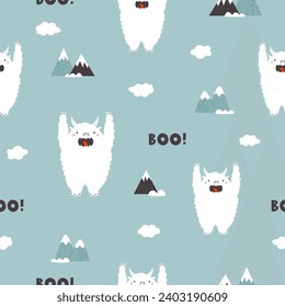 Cartoon seamless pattern with funny yeti characters. Childish design for kids cloth, holiday decoration, gift boxes, wrapping paper.