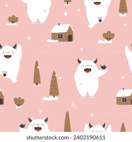 Cartoon seamless pattern with funny yeti characters. Childish design for kids cloth, holiday decoration, gift boxes, wrapping paper.