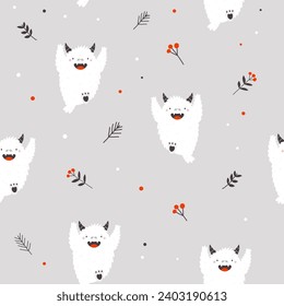 Cartoon seamless pattern with funny yeti characters. Childish design for kids cloth, holiday decoration, gift boxes, wrapping paper.