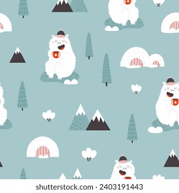 Cartoon seamless pattern with funny yeti characters, igloos and forest scenery. Childish design for kids cloth, holiday decoration, gift boxes, wrappi