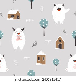 Cartoon seamless pattern with funny yeti characters. Childish design for kids cloth, holiday decoration, gift boxes, wrapping paper.