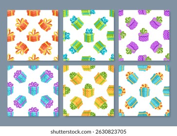 Caja de regalo de patrón transparente de dibujos animados con regalos de cinta colorida. Sorpresas envueltas perfectas para un fondo de fiesta de cumpleaños. Cada caja única agrega decoración festiva.
