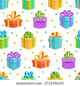 Desenho animado padrão sem emenda com caixas de presente. Presentes adornados com fitas coloridas e arcos criam um tema surpresa festiva. Ideal para projetos de aniversário e comemoração.