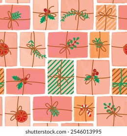 Cartoon seamless pattern with gifts.Festive packages decorated with twigs,orange and bows.Christmas background for printing on fabric and paper.Design for textile.Vector flat color illustration.