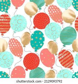 Cartoon seamless pattern with gold foil, red, coral and turquoise balloons isolated on white. Colorful birthday party background