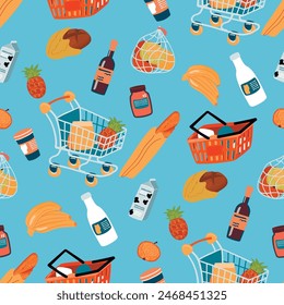 Cartoon seamless pattern with grocery cart on wheels and shopping basket with handles.Dairy products in packages, bread, fruit, bottle, jar on blue background.Vector design for banner template,cover.