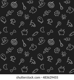 Cartoon seamless pattern halloween doodles. Hand drawn objects and symbols. Vector illustration for backgrounds, web design, design elements, textile prints, covers, greeting cards.