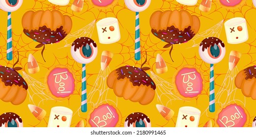Cartoon seamless pattern halloween sweet dessert. Fantasy eyeball, pumpkin, candy colorful illustration. Cute candy wallpaper. Magic print. Cartoon vector illustration. Happy halloween