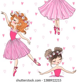 Cartoon seamless pattern with hand drawn beautiful, lovely, little ballerinas girl. Vector illustration.