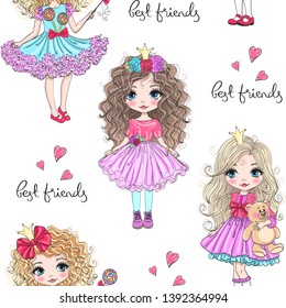 Cartoon seamless pattern with hand drawn cute little princess girls. Vector illustration.