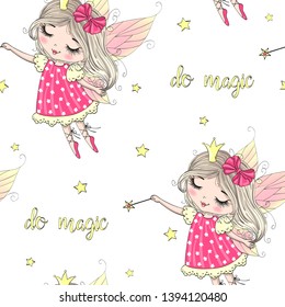 Cartoon seamless pattern with hand drawn cute little princess fairy girl. Vector illustration.