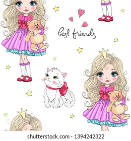 Cartoon seamless pattern with hand drawn cute little princess girl and cat. Vector illustration.