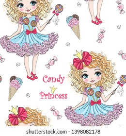 Cartoon seamless pattern with hand drawn cute little candy princess girls. Vector illustration.