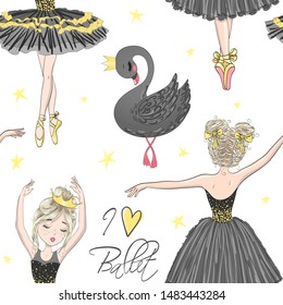 Cartoon seamless pattern with hand drawn beautiful, lovely, little ballerinas girls and cute swan. Vector illustration.