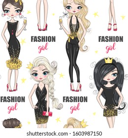 Cartoon seamless pattern with hand drawn cute fashion girls queen. Vector illustration.