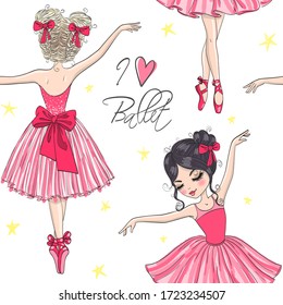 Cartoon seamless pattern with hand drawn beautiful, lovely, little ballerinas girls. Vector illustration.