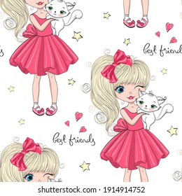 Cartoon seamless pattern with hand drawn cute little princess girl and cat. Vector illustration.