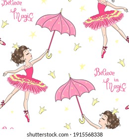 Cartoon seamless pattern with hand drawn beautiful, lovely, ballerinas girl with umbrella. Vector illustration.