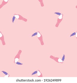 Cartoon seamless pattern with hand drawn toucan bird print. Minimalistic style. Light pink background. Flat vector print for textile, fabric, giftwrap, wallpapers. Endless illustration.