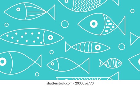 Dibujo sin fisuras con peces dibujados a mano para imprimir, papel pintado, textiles o tela. Fondo de garabato con animales marinos. Cartel con marisco. Ilustración del vector
