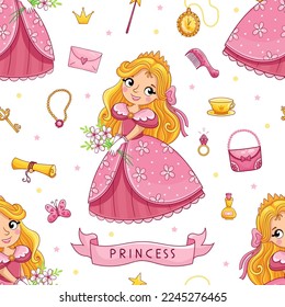 Cartoon seamless pattern with hand drawn cute little princess girl and design elements.. Vector illustration.