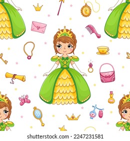 Cartoon seamless pattern with hand drawn cute little princess girl and design elements.. Vector illustration.