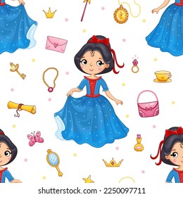 Cartoon seamless pattern with hand drawn cute little princess girl and design elements.. Vector illustration.