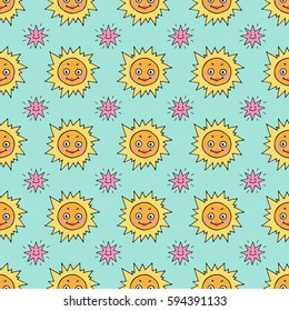 Cartoon seamless pattern with hand drawn doodle sun and stars. Cute vector colorful pattern for fabric, wallpapers, wrapping paper, cards and web backgrounds