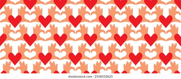 Cartoon seamless pattern with hands in a heart gesture.Beige, red colors on white.Background or texture for printing on fabric and paper.Vector design for textile,endless wallpaper,wrapping paper.
