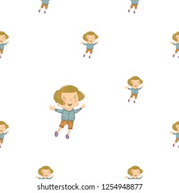 Cartoon seamless pattern with happy kid, child daily routine. Cute modern flat vector illustration on white background.