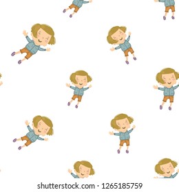 Cartoon seamless pattern with happy kid, child daily routine. Cute modern flat vector illustration on white background.