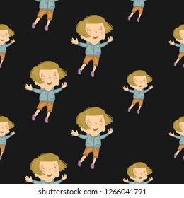 Cartoon seamless pattern with happy kid, child daily routine. Cute modern flat vector illustration on black background.